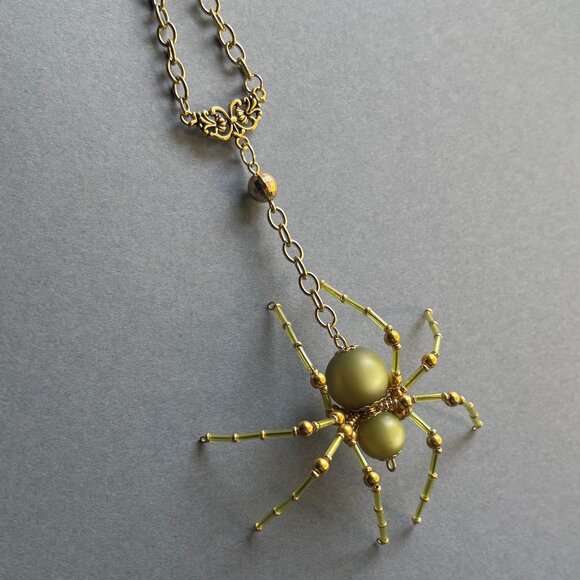 Light Green and Gold Beaded Spider Car Hanger - Picture 1 of 3